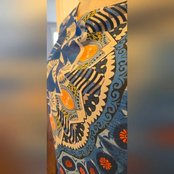 Desigual royal blue print dress rouched cap sleeve sz 44 - Picture 2 of 10